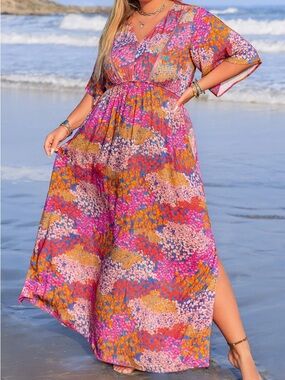Vibrant Floral Maxi Dress in Pink & Orange